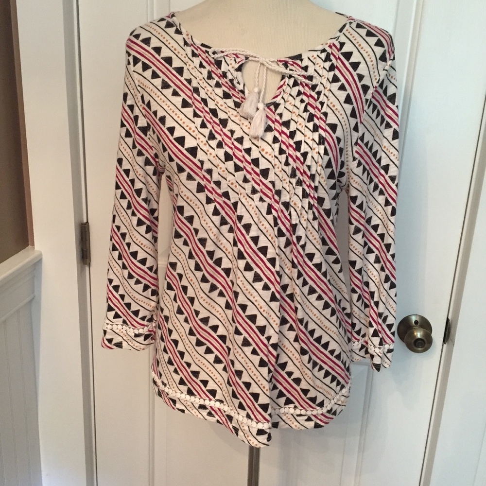 LUCKY BRAND TOP TUNIC TEE MULTI WHITE BLACK TRIBAL PRINT KEYHOLE SIZE S